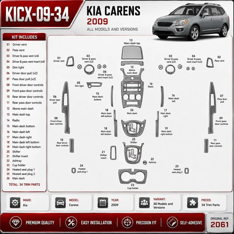 Kia Carens 2009 3D sada dekorov interiéru palubnej dosky 34-dielna