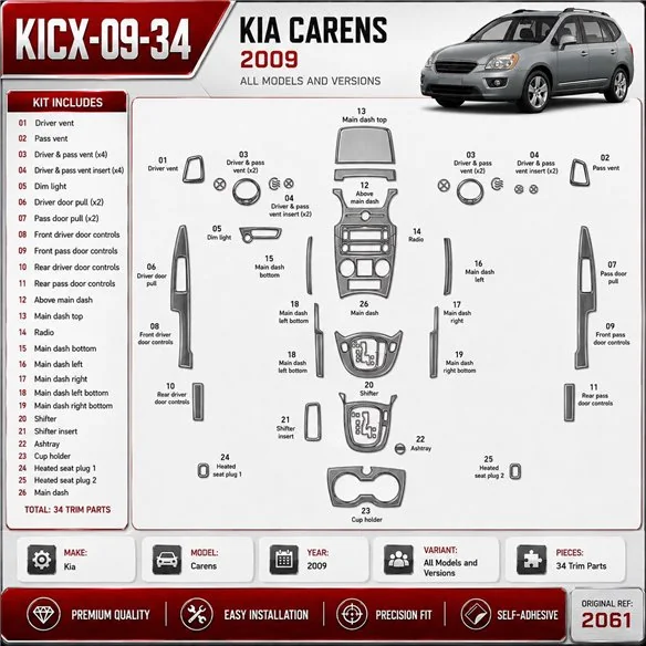 Kia Carens 2009 3D sada dekorov interiéru palubnej dosky 34-dielna