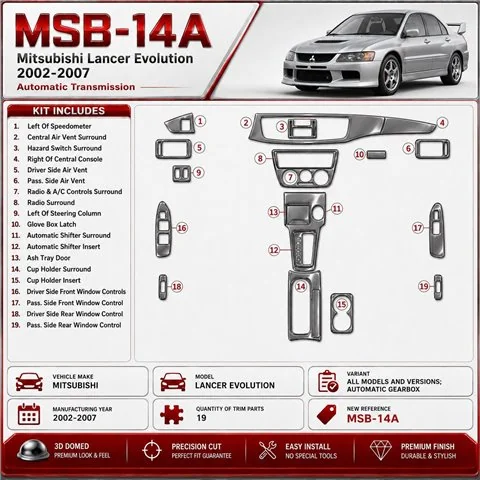 Mitsubishi Lancer Evolution 2002–2007 Automatic Gearbox 3D sada dekorov interiéru palubnej dosky podľa produktového nákresu
