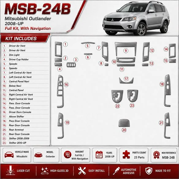 Mitsubishi Outlander od 2008 kompletná sada; s navigáciou NAVI 3D sada dekorov interiéru palubnej dosky kompletná sada / podľa p
