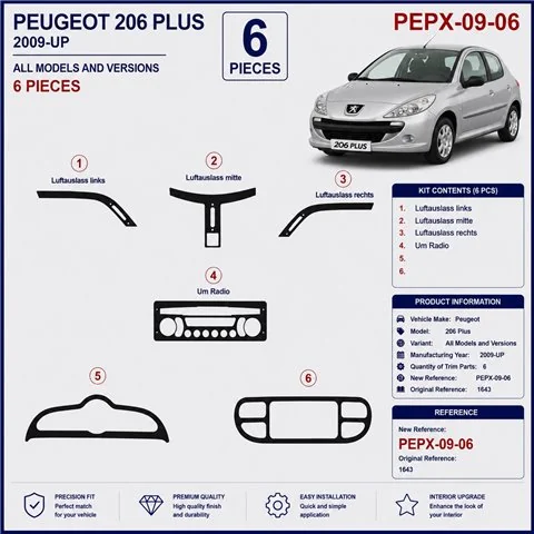 Peugeot 206 Plus 2009+ 3D dekor palubnej dosky, 6 dielov 2