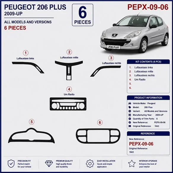 Peugeot 206 Plus 2009+ 3D dekor palubnej dosky, 6 dielov
