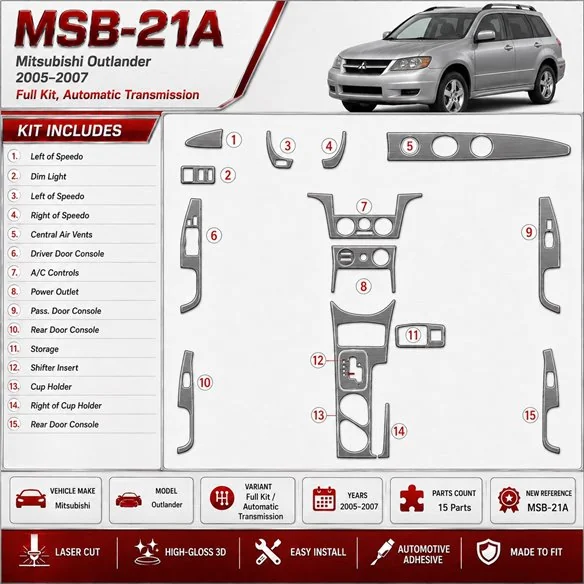 Mitsubishi Outlander 2005–2007 kompletná sada; Automatic Gearbox 3D sada dekorov interiéru palubnej dosky kompletná sada / podľa