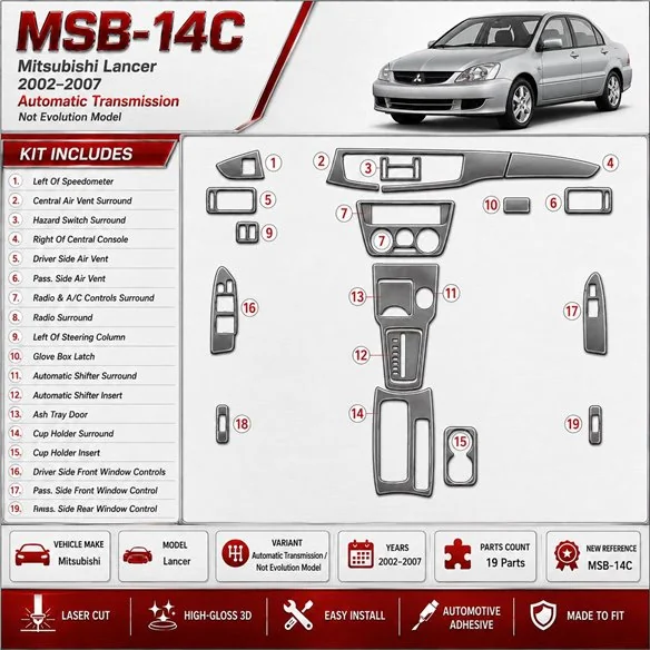 Mitsubishi Lancer 2002–2007 Automatic Gearbox, (?? EVOLUTION model) 3D sada dekorov interiéru palubnej dosky podľa produktového 
