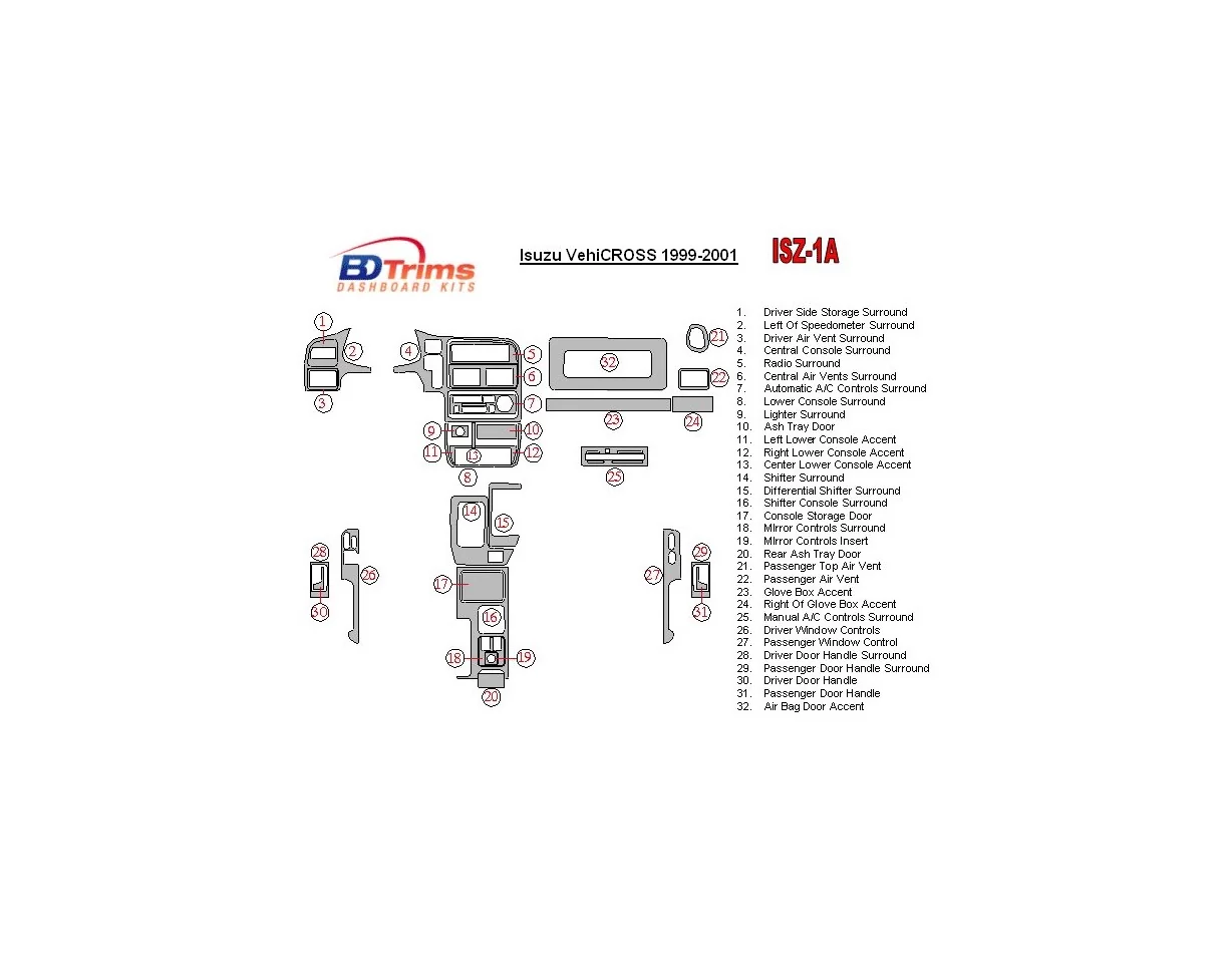 Isuzu VehiCROSS 1999-2001 Kompletná súprava interiéru BD Dash Dekor Kit - 1