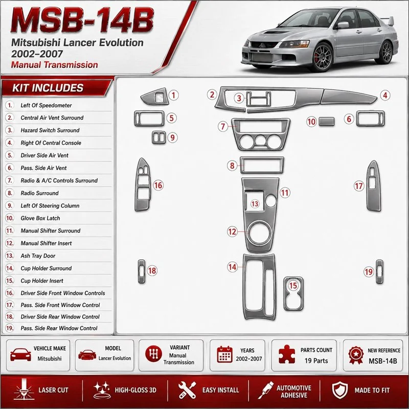 Mitsubishi Lancer Evolution 2002–2007 Manual Gearbox 3D sada dekorov interiéru palubnej dosky podľa produktového nákresu