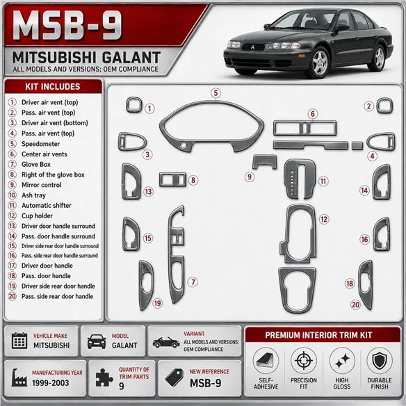 Mitsubishi Galant 1999–2003 OEM Compliance 3D sada dekorov interiéru palubnej dosky 9-dielna