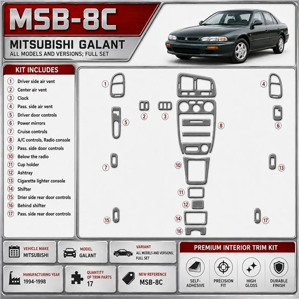 Mitsubishi Galant 1994–1998 kompletná sada 3D sada dekorov interiéru palubnej dosky 13-dielna