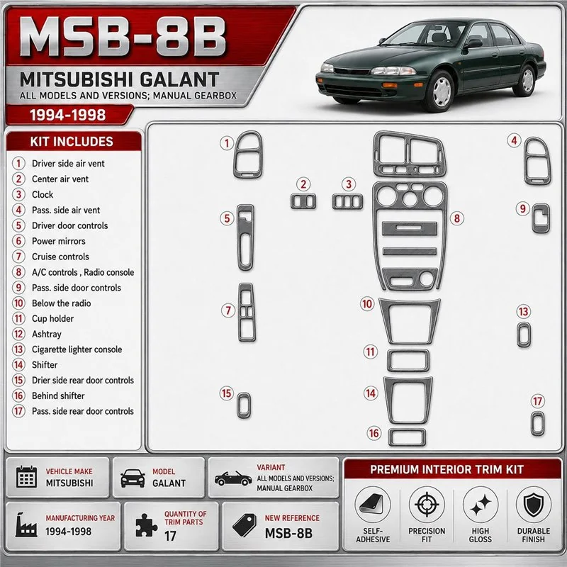 Mitsubishi Galant 1994–1998 Manual Gearbox; mission 3D sada dekorov interiéru palubnej dosky 17-dielna
