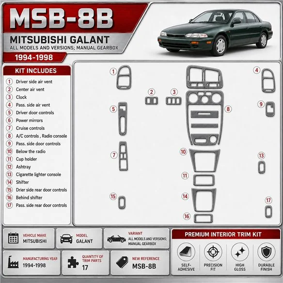 Mitsubishi Galant 1994–1998 Manual Gearbox; mission 3D sada dekorov interiéru palubnej dosky 17-dielna
