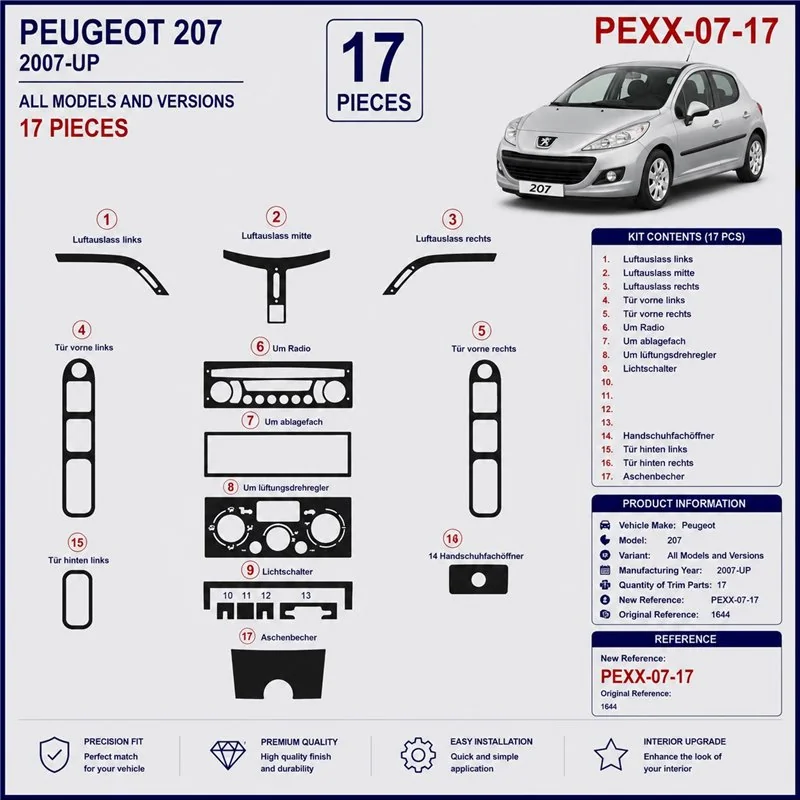 Peugeot 207 2007+ 3D dekor palubnej dosky, 17 dielov