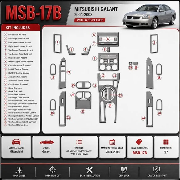 Mitsubishi Galant 2004–2008 With 6 CD Player 3D sada dekorov interiéru palubnej dosky podľa produktového nákresu