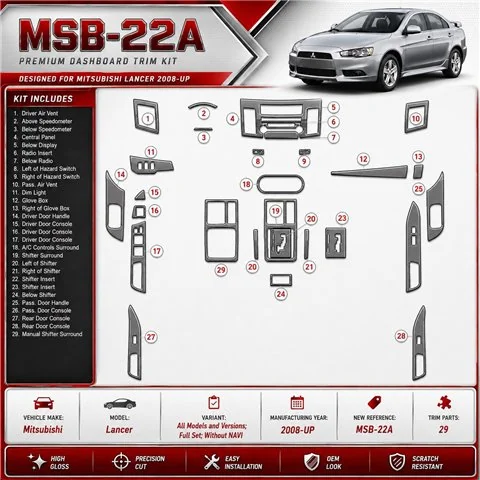 Mitsubishi Lancer od 2008 kompletná sada; bez navigácie NAVI 3D sada dekorov interiéru palubnej dosky kompletná sada / podľa pro
