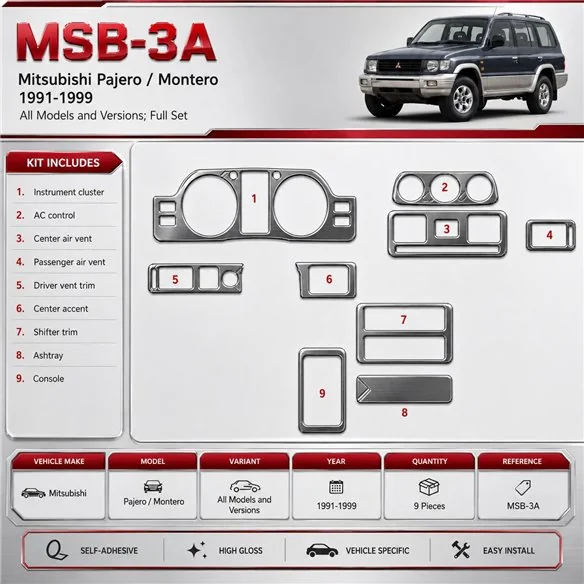 Mitsubishi Pajero/Montero 1991–1999 kompletná sada 3D sada dekorov interiéru palubnej dosky 9-dielna