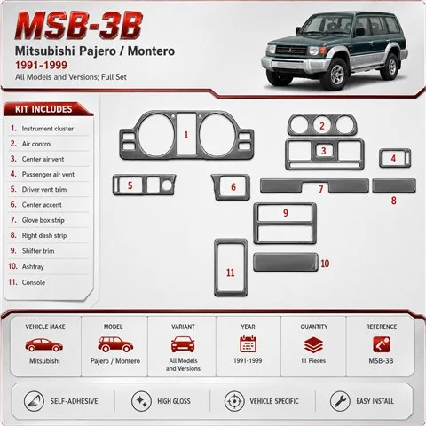 Mitsubishi Pajero/Montero 1991–1999 kompletná sada 3D sada dekorov interiéru palubnej dosky 11-dielna