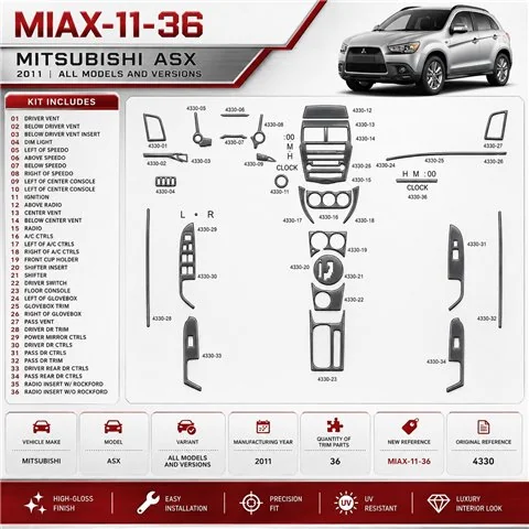 Mitsubishi ASX 2011 3D sada dekorov interiéru palubnej dosky 36-dielna