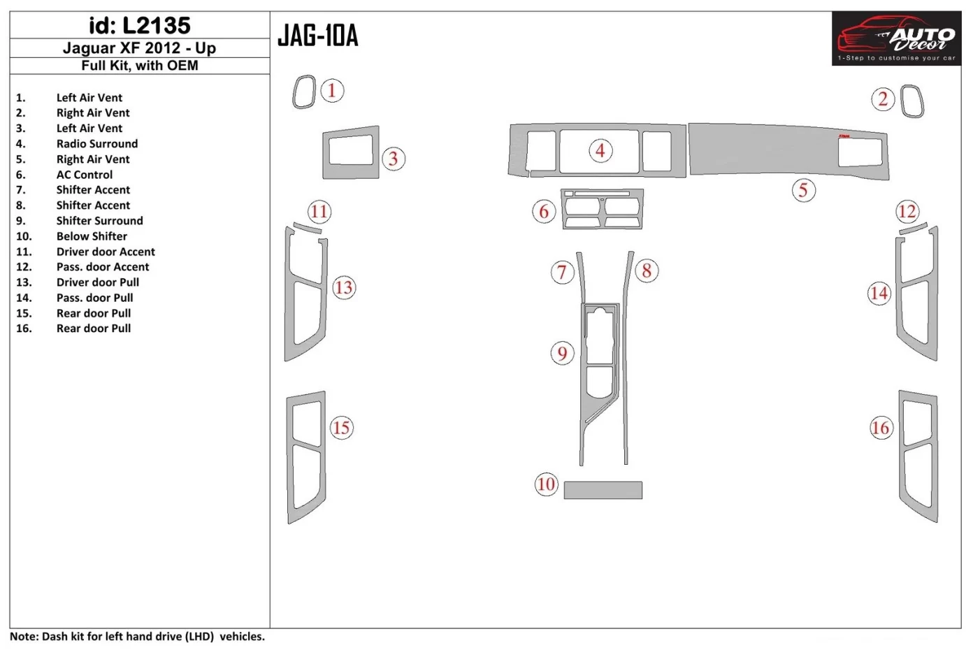 Kompletná sada Jaguar XF 2009-UP s OEM súpravou obloženia interiéru BD Dash - 1