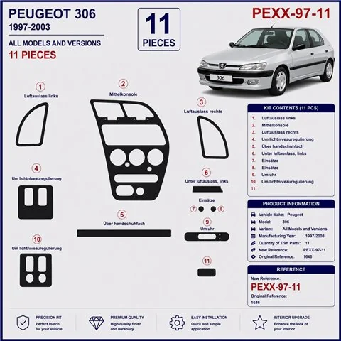 Peugeot 306 1997-2003 3D dekor palubnej dosky, 11 dielov 2