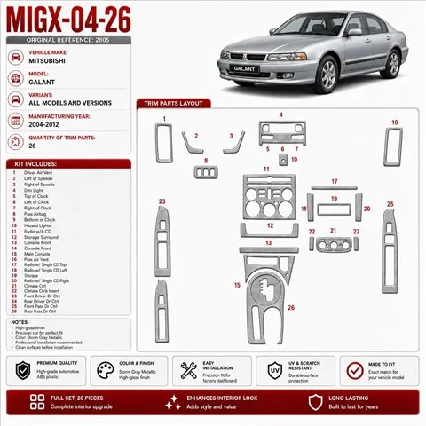 Mitsubishi Galant 2004–2012 3D sada dekorov interiéru palubnej dosky 26-dielna