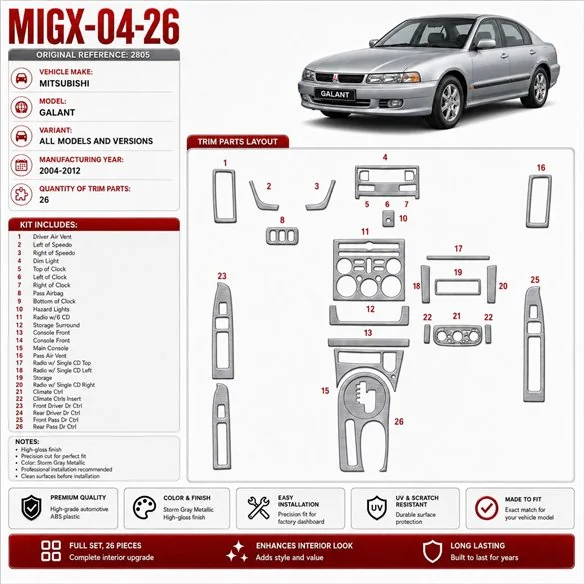 Mitsubishi Galant 2004–2012 3D sada dekorov interiéru palubnej dosky 26-dielna