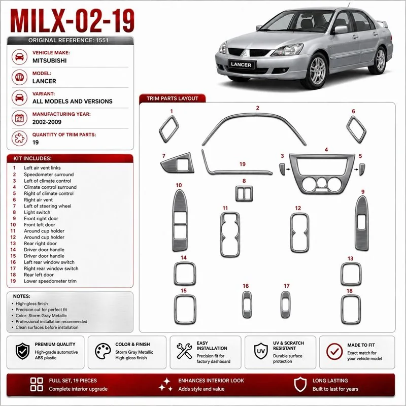 Mitsubishi Lancer 2002–2009 3D sada dekorov interiéru palubnej dosky 19-dielna