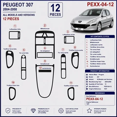 Peugeot 307 2004-2008 3D dekor palubnej dosky, 12 dielov 2