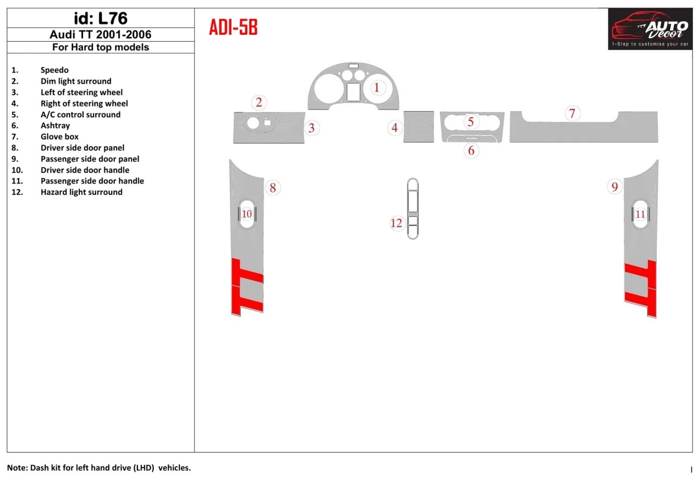 Audi TT 2001-2006 Mäkká strecha-Kupé, 12 dielov Súprava interiéru BD Dash Trim Kit - 1