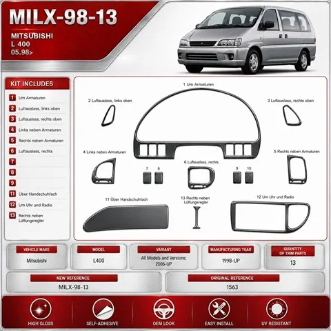 Mitsubishi L 400 od 1998 2006-UP 3D sada dekorov interiéru palubnej dosky 13-dielna