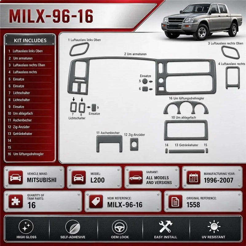 Mitsubishi L 200 1996–2007 3D sada dekorov interiéru palubnej dosky 16-dielna