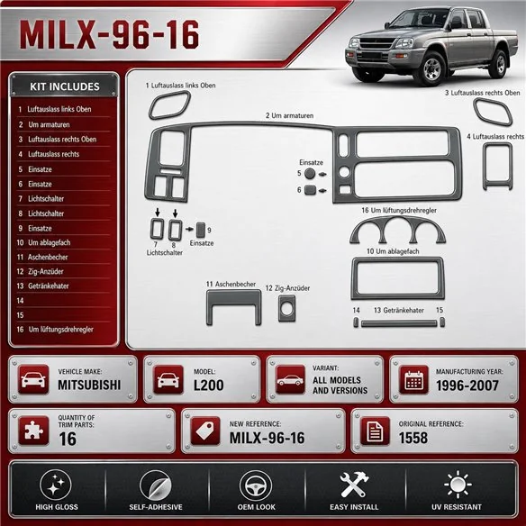 Mitsubishi L 200 1996–2007 3D sada dekorov interiéru palubnej dosky 16-dielna