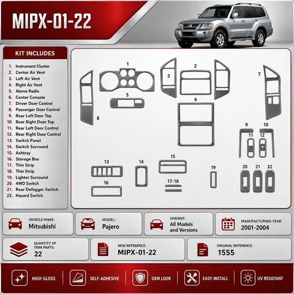 Mitsubishi Pajero 2001–2004 3D sada dekorov interiéru palubnej dosky 22-dielna