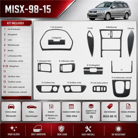 Mitsubishi Spacewagon 1998–2004 3D sada dekorov interiéru palubnej dosky 15-dielna