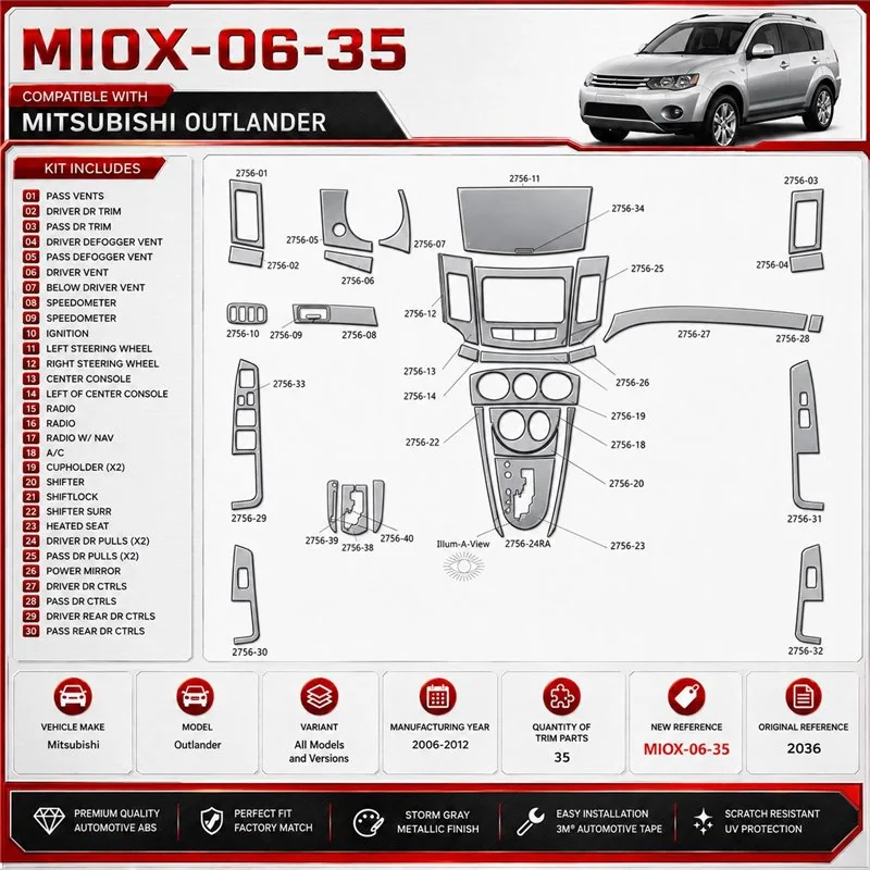 Mitsubishi Outlander 2006–2012 3D sada dekorov interiéru palubnej dosky 35-dielna