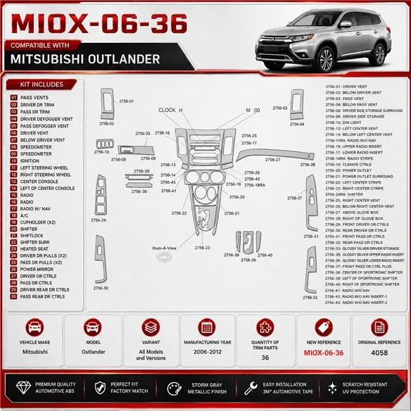 Mitsubishi Outlander 2006–2012 3D sada dekorov interiéru palubnej dosky 36-dielna