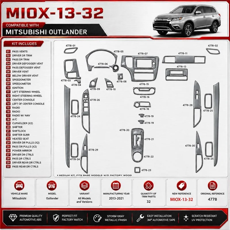 Mitsubishi Outlander 2013–2021 3D sada dekorov interiéru palubnej dosky 32-dielna
