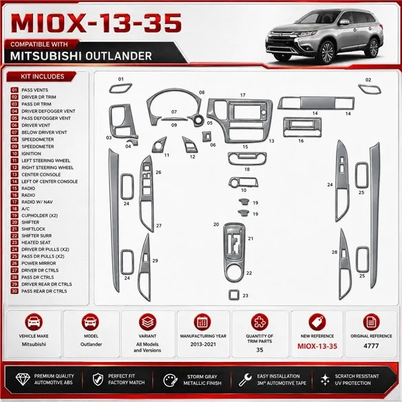 Mitsubishi Outlander 2013–2021 3D sada dekorov interiéru palubnej dosky 35-dielna