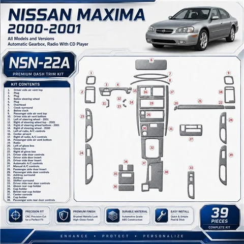 Nissan Maxima 2000–2001 kompletná sada; Automatic Gearbox; Radio s CD Player 3D sada dekorov interiéru palubnej dosky 39-dielna