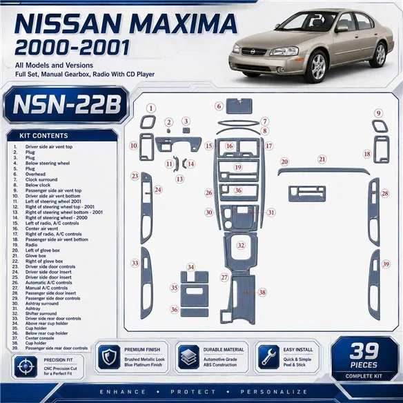 Nissan Maxima 2000–2001 kompletná sada; Manual Gearbox; Radio s CD Player 3D sada dekorov interiéru palubnej dosky 39-dielna
