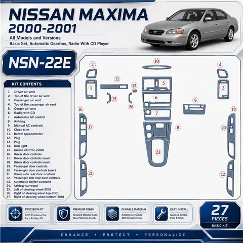 Nissan Maxima 2000–2001 základná sada; Automatic Gearbox; Radio s CD Player 3D sada dekorov interiéru palubnej dosky 27-dielna