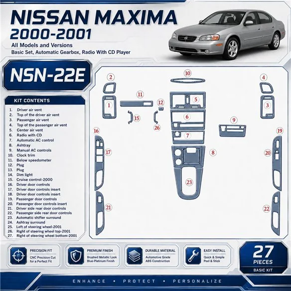 Nissan Maxima 2000–2001 základná sada; Automatic Gearbox; Radio s CD Player 3D sada dekorov interiéru palubnej dosky 27-dielna