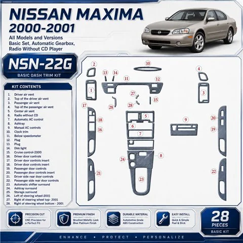 Nissan Maxima 2000–2001 základná sada; Automatic Gearbox; Radio Without CD Player 3D sada dekorov interiéru palubnej dosky 28-di