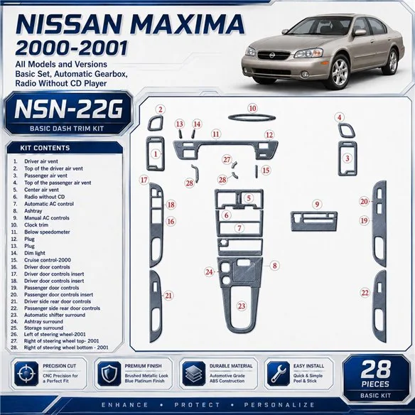 Nissan Maxima 2000–2001 základná sada; Automatic Gearbox; Radio Without CD Player 3D sada dekorov interiéru palubnej dosky 28-di