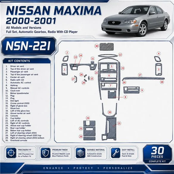 Nissan Maxima 2000–2001 kompletná sada; Automatic Gearbox; Radio s CD Player 3D sada dekorov interiéru palubnej dosky 30-dielna