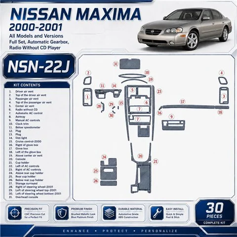 Nissan Maxima 2000–2001 kompletná sada; Automatic Gearbox; Radio Without CD Player 3D sada dekorov interiéru palubnej dosky 30-d