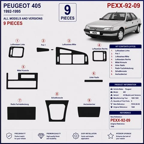 Peugeot 405 1992-1995 3D dekor palubnej dosky, 9 dielov 2