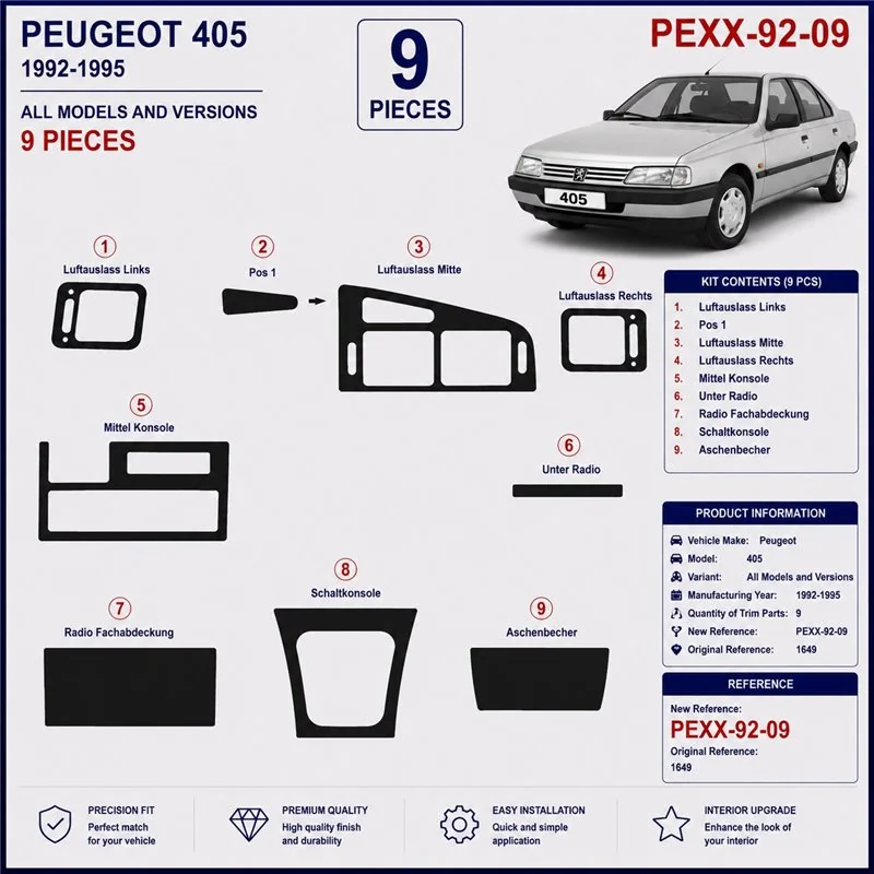 Peugeot 405 1992-1995 3D dekor palubnej dosky, 9 dielov