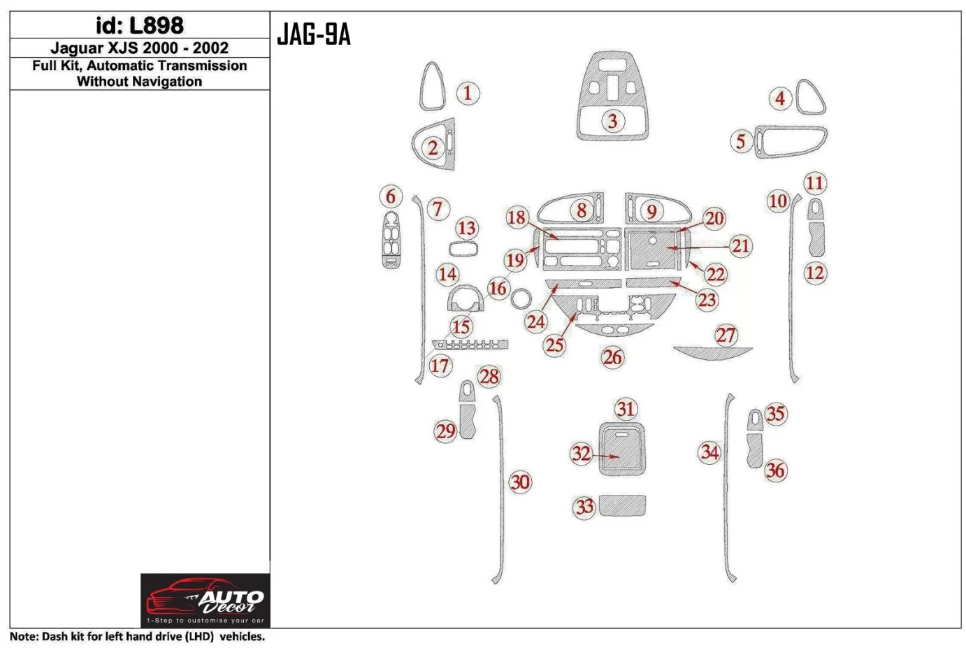Kompletná sada Jaguar XJS 2000-2002, automatická prevodovka, bez NAVI interiéru BD Dash Trim Kit - 1