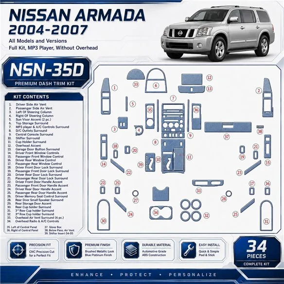 Nissan Armada 2004–2007 kompletná sada; MP3 PLayer; Without Overhead 3D sada dekorov interiéru palubnej dosky kompletná sada / p
