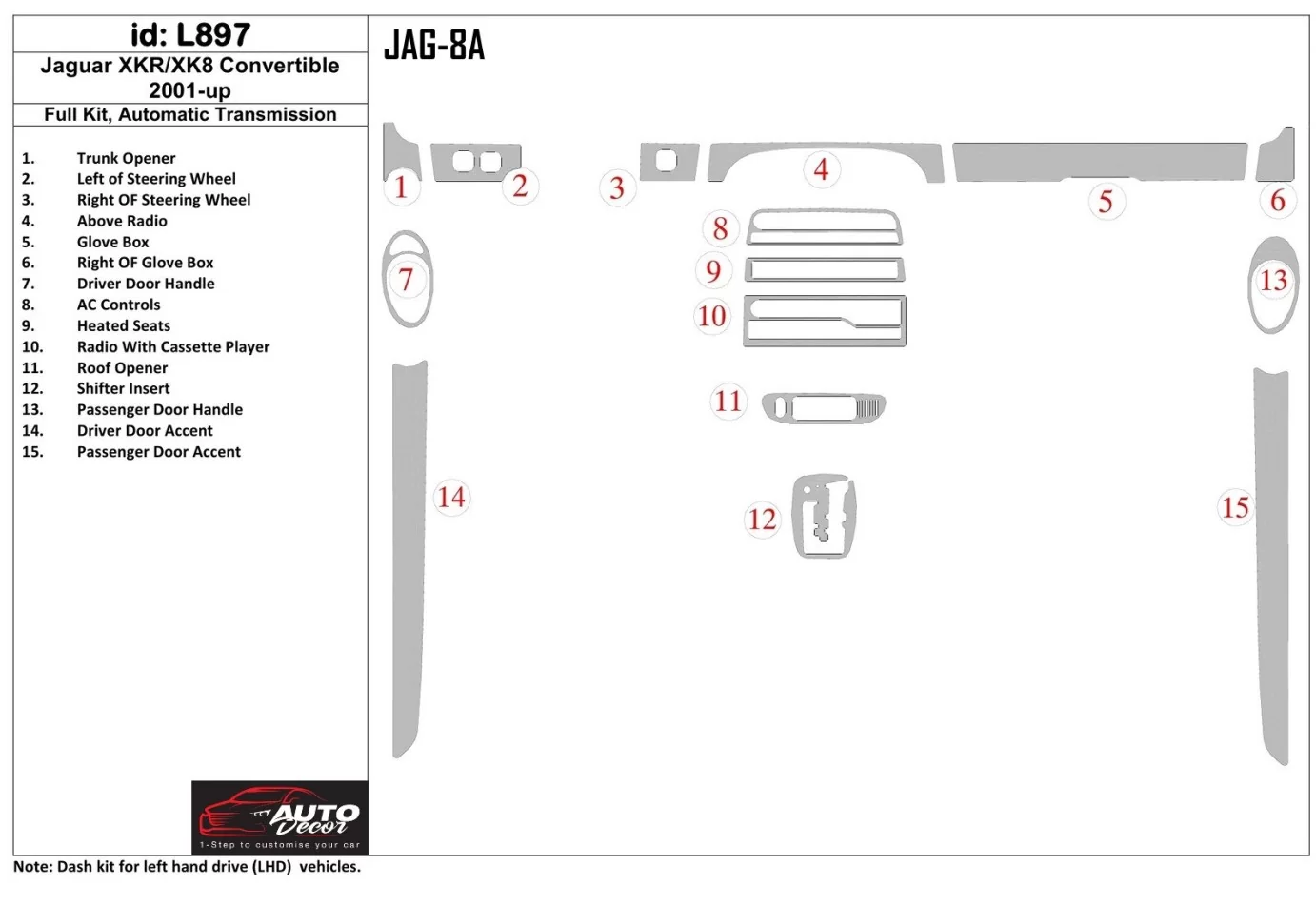 Kompletná sada Jaguar XKR/XK8 2001-UP, súprava obloženia interiéru automatickej prevodovky BD - 1