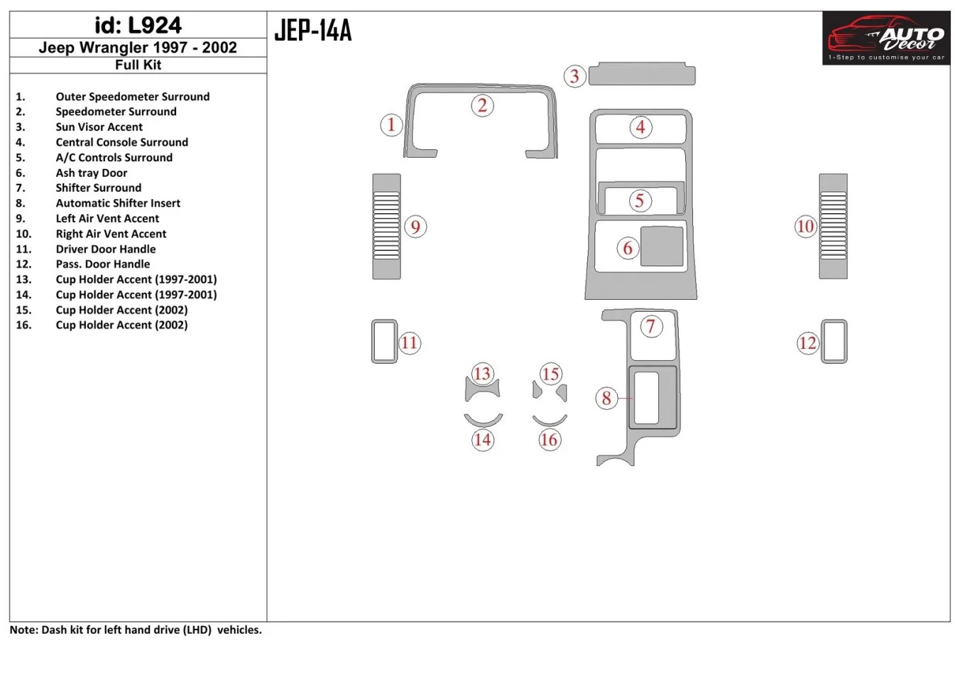 Kompletná sada Jeep Cherokee 1997-2001, súprava interiéru automatickej prevodovky BD - 1